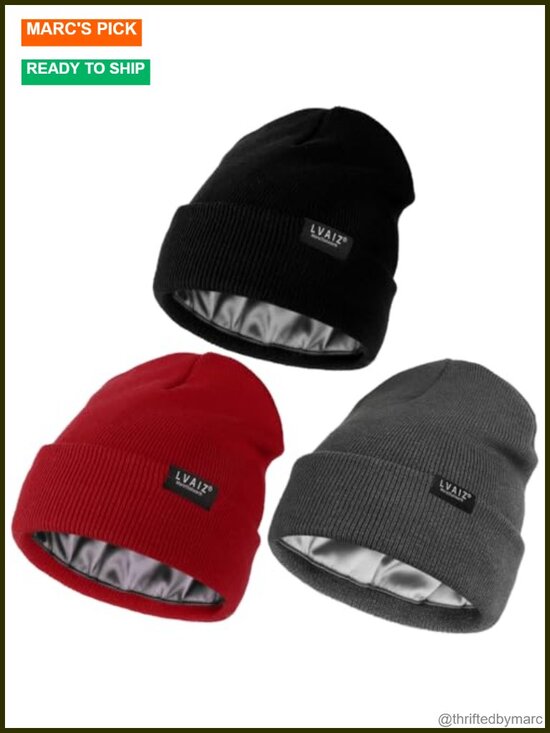 3 Pack Satin Lined Beanies for Men and Women, Silk Warm Cuffed Winter Hats, 60% main image 4